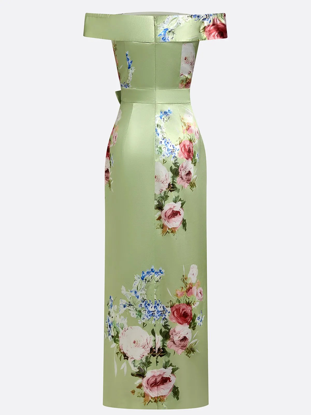 Green Floral Bow Satin Off The Shoulder Short Sleeve Sheath Maxi Dress