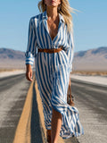 Stylish Western-style Blue Striped Single-breasted Shirt Maxi Dress