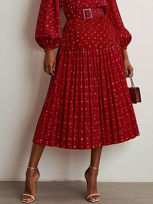 Red Pleated Polka Dots Classic Crew Neck Long Balloon Sleeve A-Line Midi Dress