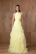 Cocoslly Halter Sleeveless High Waist Long Prom Dress With Ruffles | Daffodil Tulle YC0478