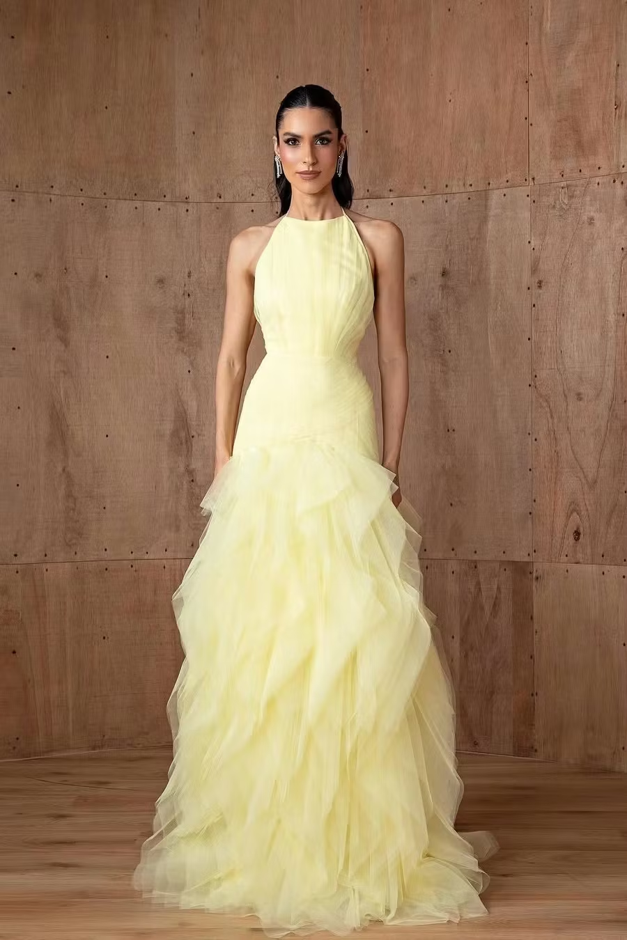 Cocoslly Halter Sleeveless High Waist Long Prom Dress With Ruffles | Daffodil Tulle YC0478