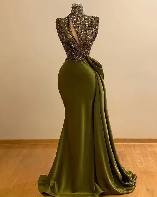 Cocoslly High Neck Sleeveless High Waist Long Mermaid Prom Dress With Sequins | Green Satin ZC0388