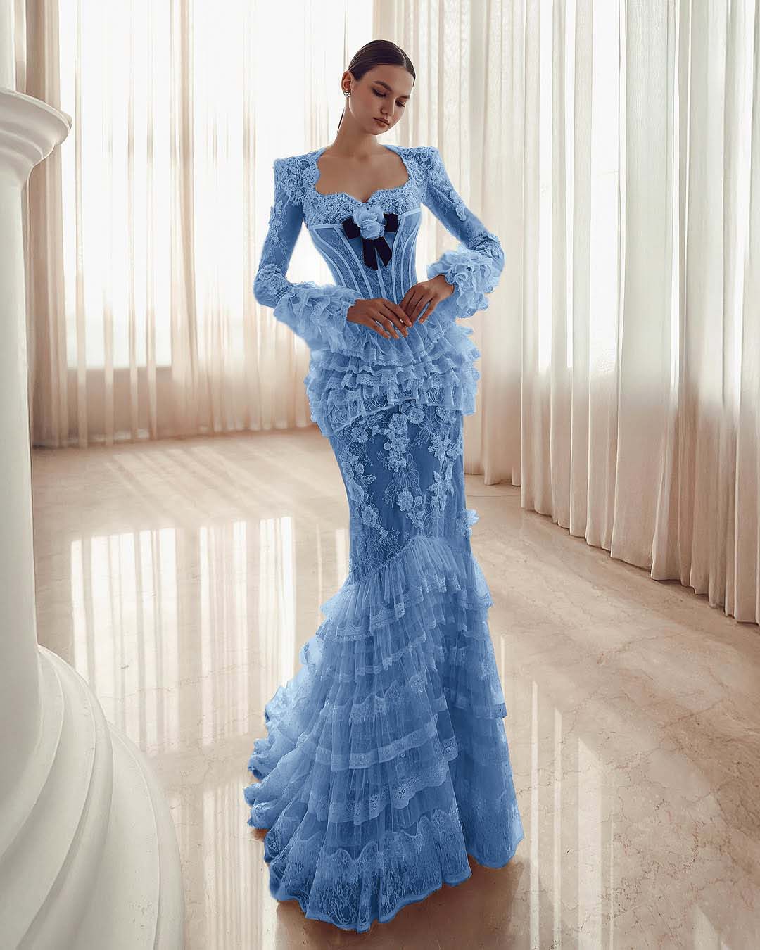 Long Sleeves Sweetheart Long Mermaid Prom Dress With Lace Appliques YK0181