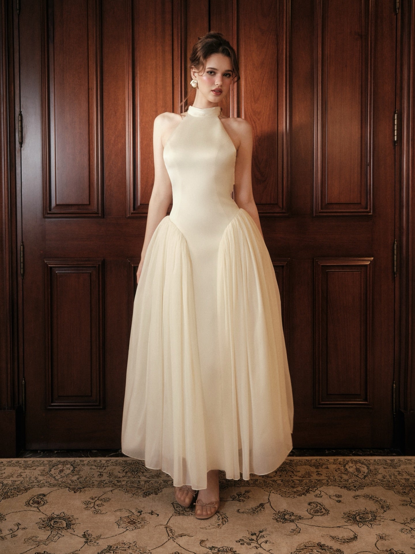 Cocoslly High Neck Sleeveless High Waist Long A Line Prom Dress | Ivory Satin And Tulle CO0201