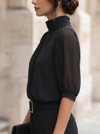 Mock Neck Chiffon Puff Sleeve Blouse