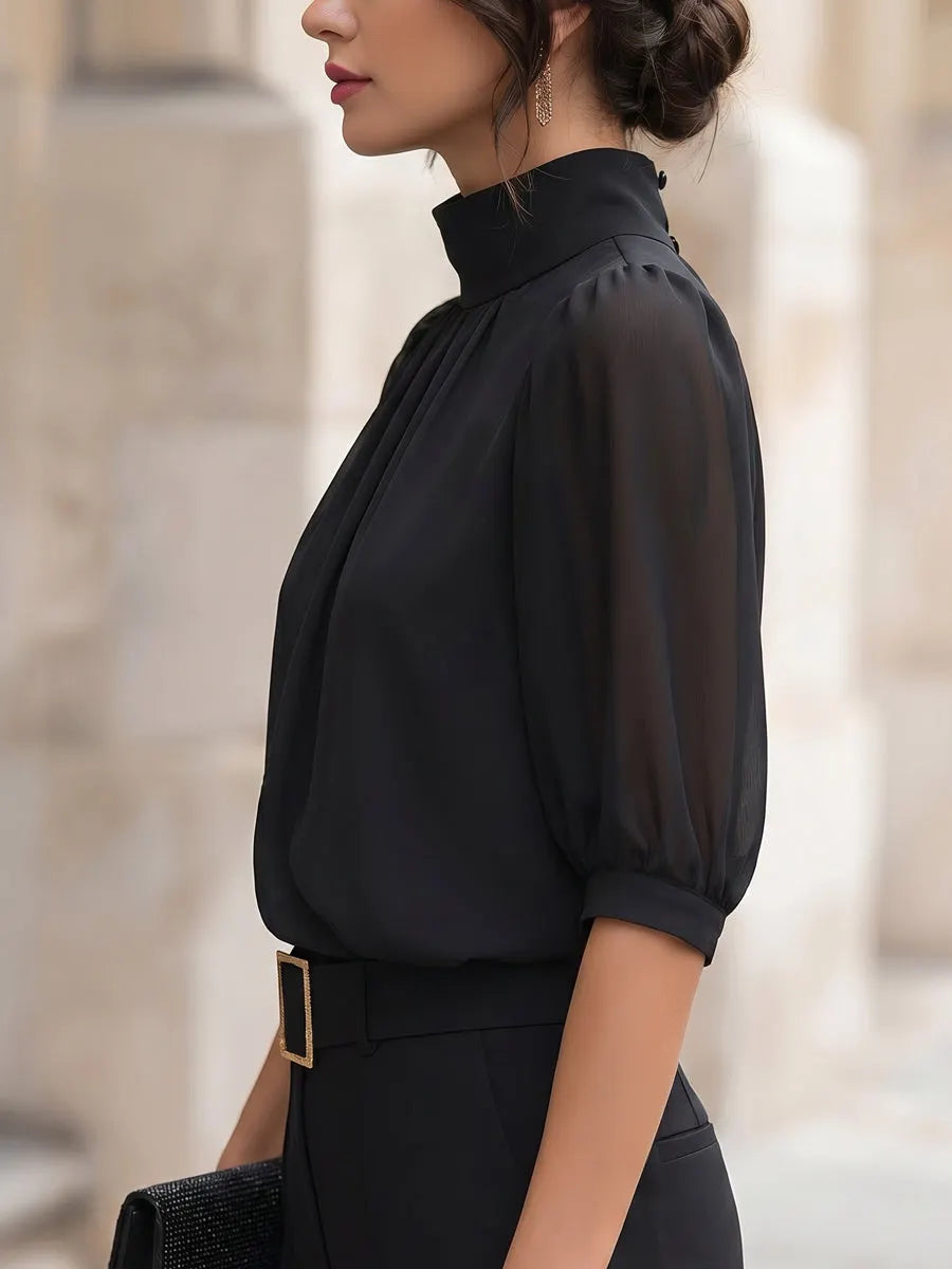 Mock Neck Chiffon Puff Sleeve Blouse
