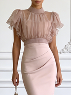 Women Pink Mock Neck Short Sleeve Dressy Dress With Top Two-Piece Set