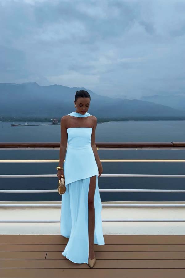 Cocoslly Strapless Split Holiday Summer Long Prom Dress With Scarf | White Satin And Chiffon ZT0604