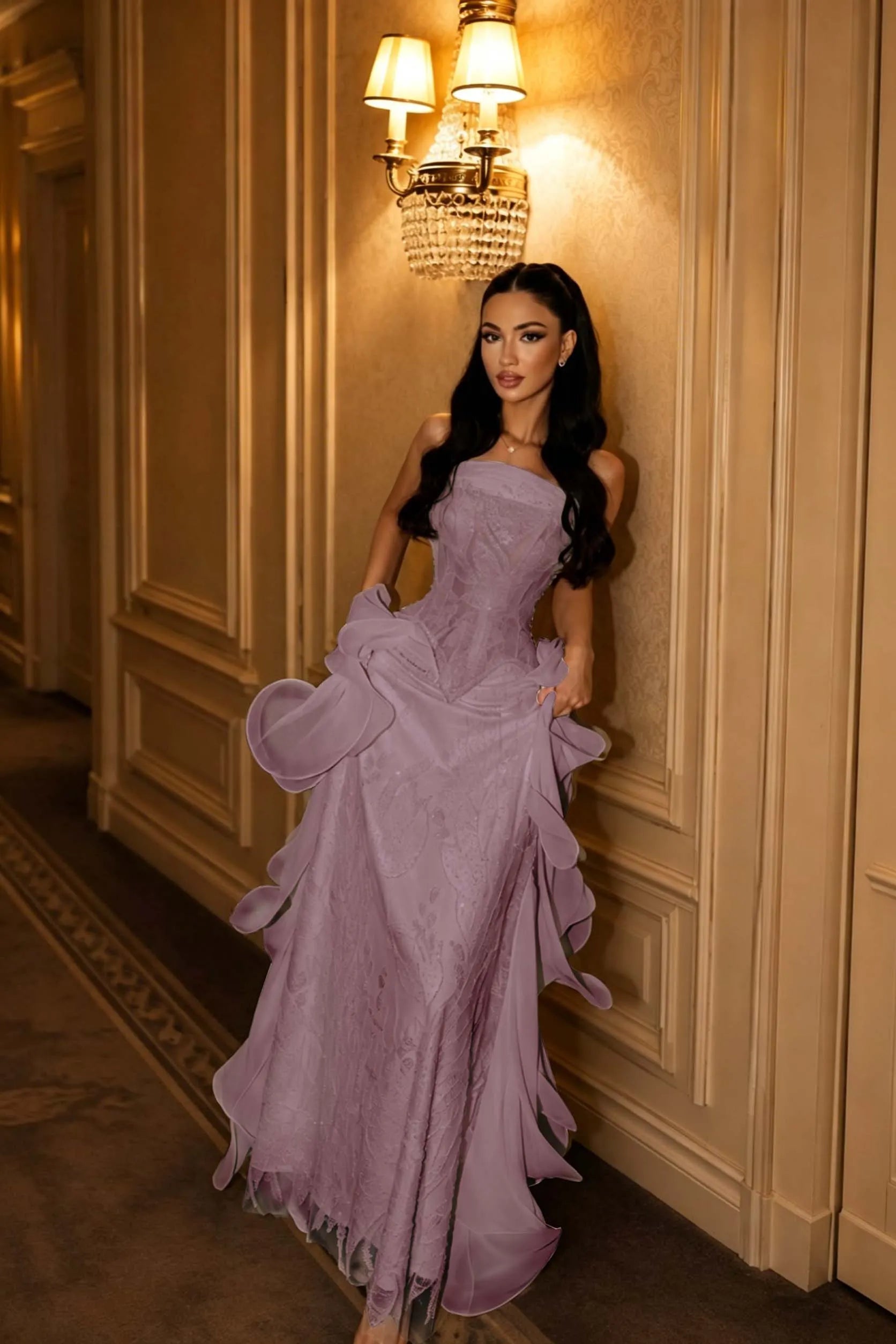 Cocoslly Strapless Sleeveless High Waist Long Prom Dress With Appliques And Ruffles | Nude Champage Chiffon LR0492
