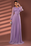 Chiffon Jewel Neck Long Sleeves Long Prom Dress With Pleated WQ0258