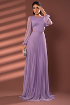 Chiffon Jewel Neck Long Sleeves Long Prom Dress With Pleated WQ0258