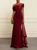 Wine Red Ruffled Classic One Shoulder Mermaid Maxi Dress