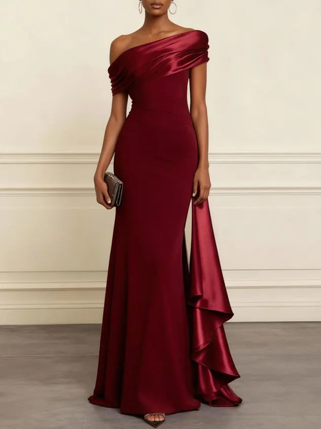 Wine Red Ruffled Classic One Shoulder Mermaid Maxi Dress