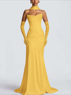 Strapless Sleeveless Long Pleated Mermaid Prom Dress With Ruffles And Gloves YK0718