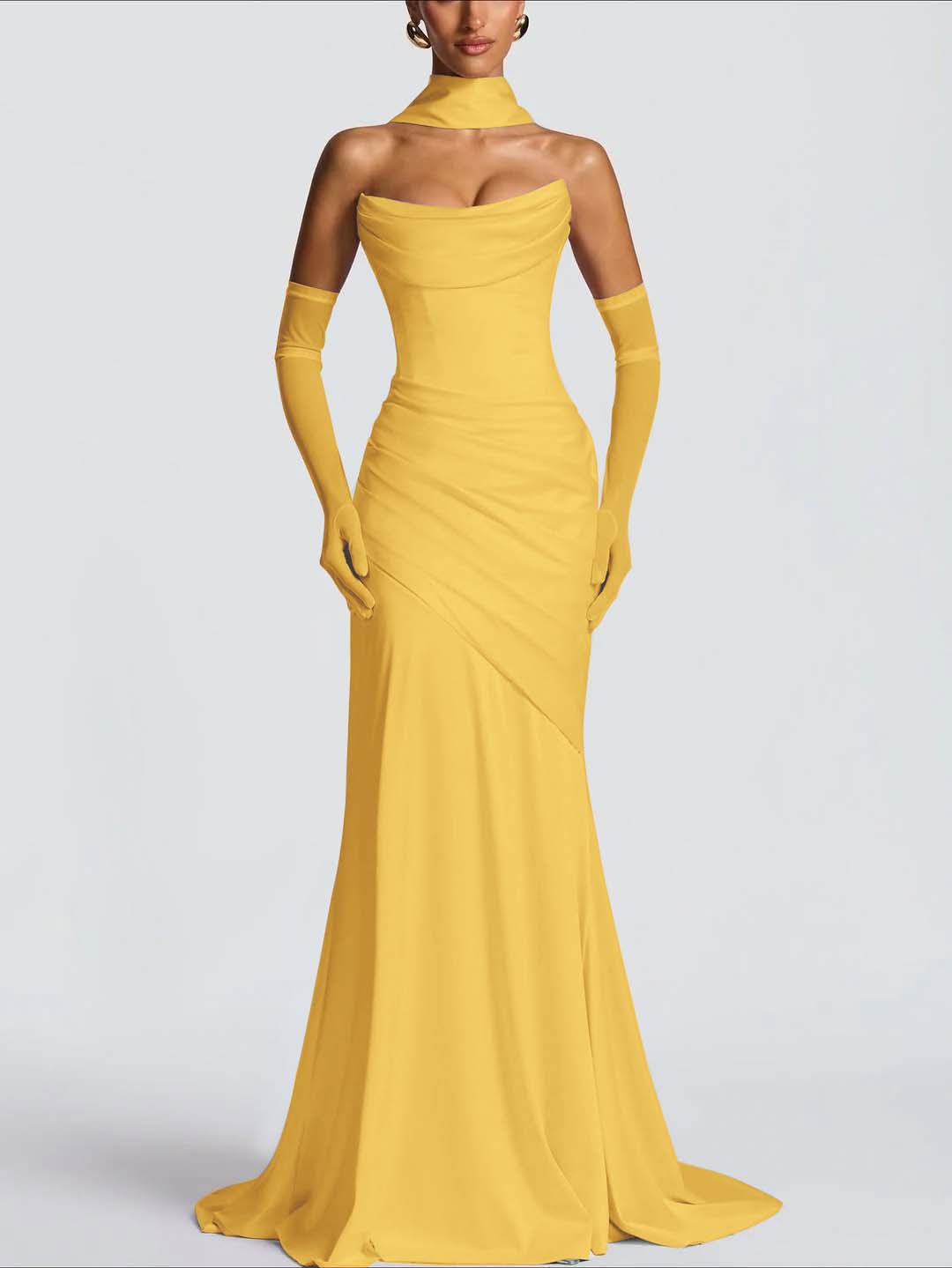 Strapless Sleeveless Long Pleated Mermaid Prom Dress With Ruffles And Gloves YK0718