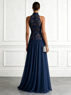 Purplish Blue Lace Lace Halter Neck Sleeveless A-Line Floor Length Dress