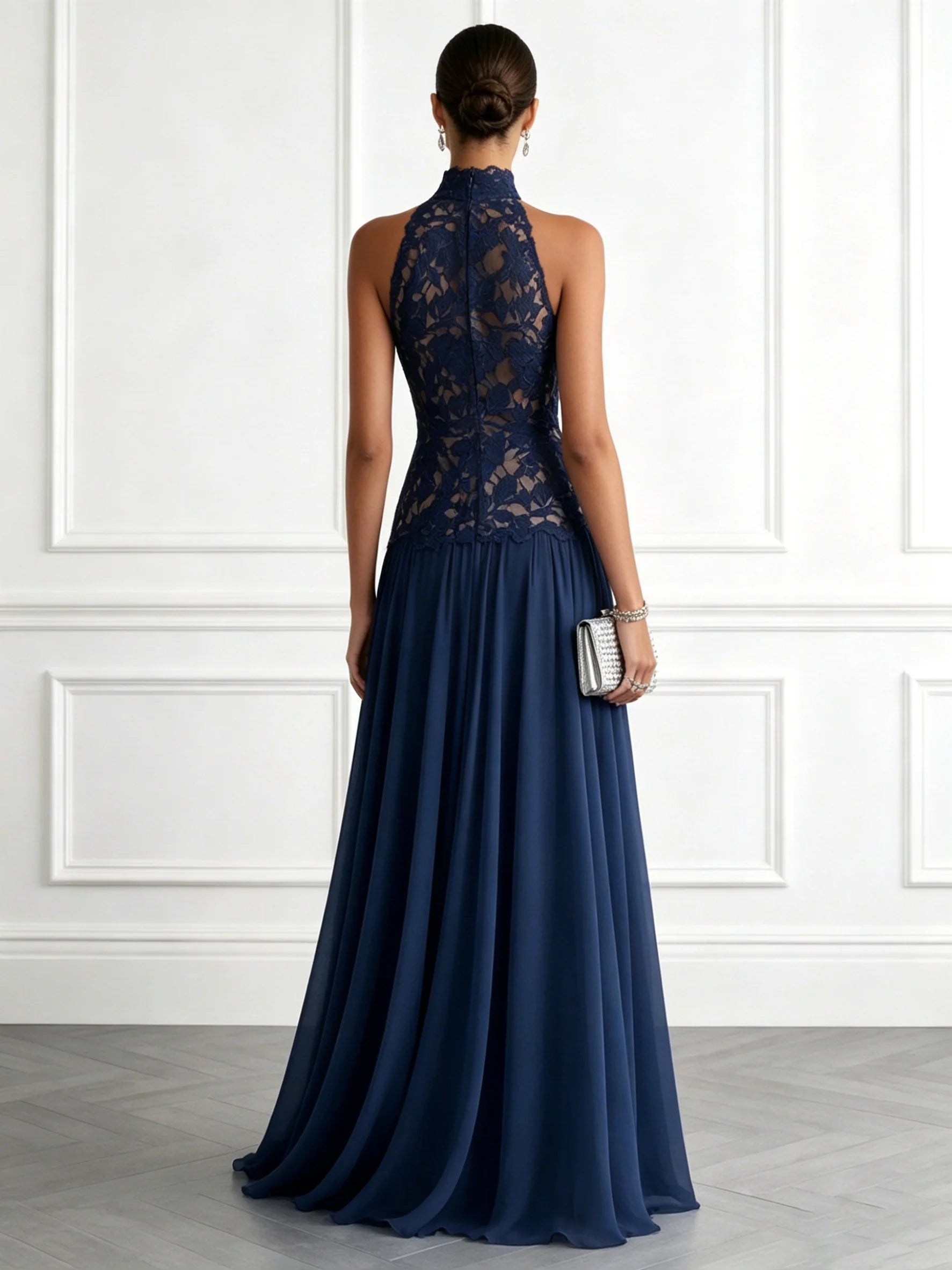 Purplish Blue Lace Lace Halter Neck Sleeveless A-Line Floor Length Dress