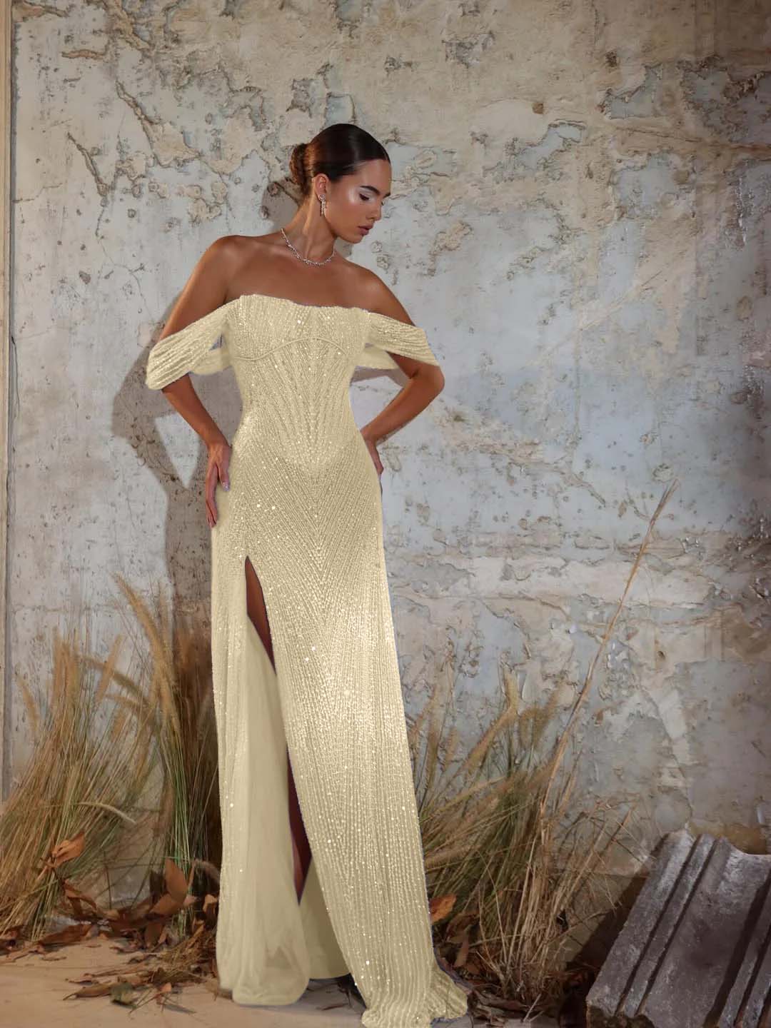 Off-The-Shoulder Strapless Sleeveless Long Mermaid Prom Dress With Sequins And High Split YK0711