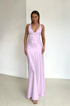 Cocoslly Halter V-Neck Sleeveless High Waist Long Prom Dress | Royal Blue Satin ZT0693