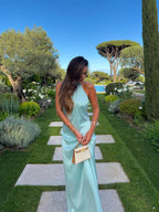 Cocoslly Halter Sleeveless High Waist Backless Long Prom Dress | Mint Green Satin WT0120