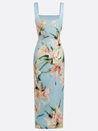 Light Blue Floral Satin Square Neck Sleeveless Sheath Midi Dress