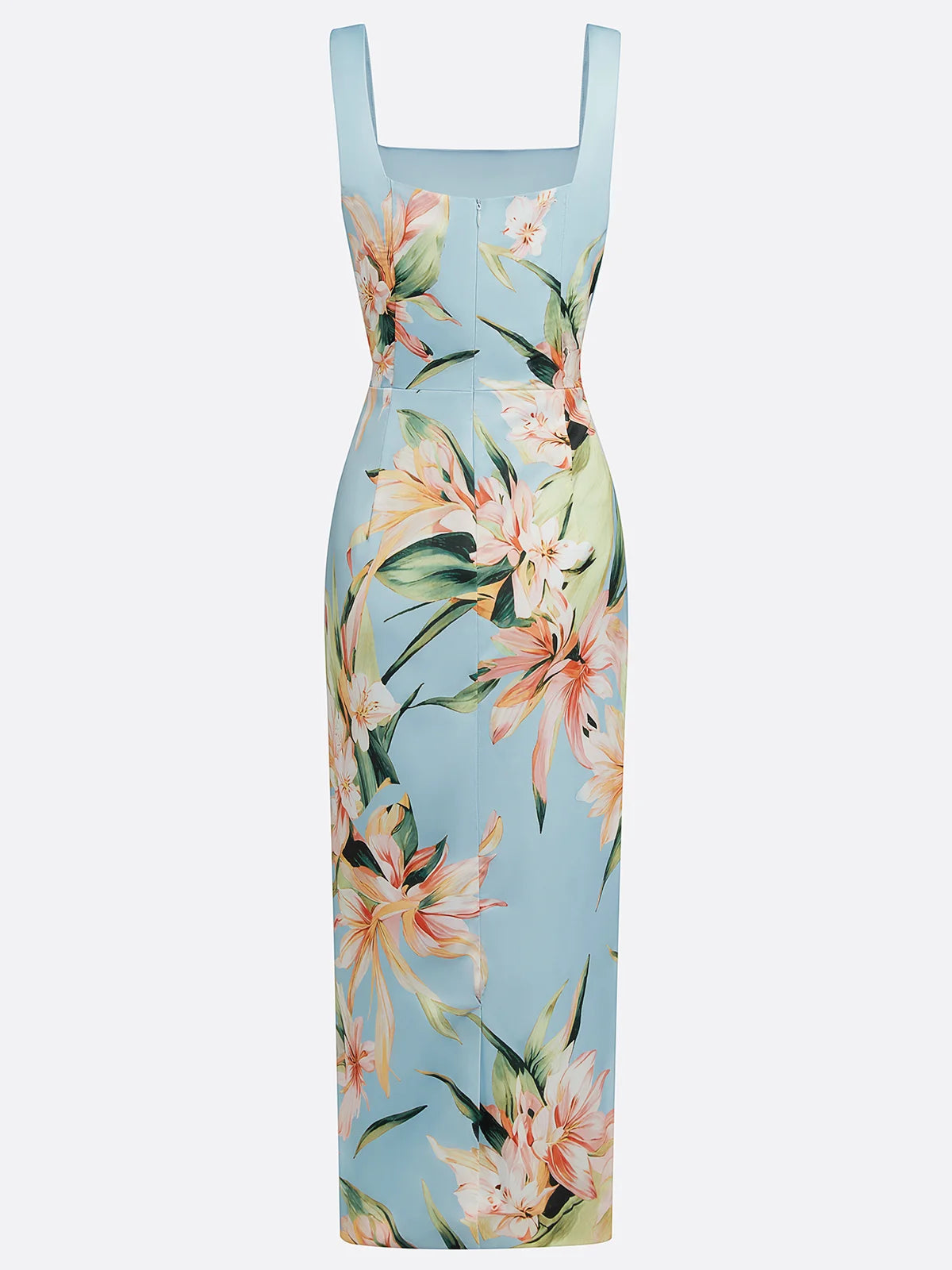Light Blue Floral Satin Square Neck Sleeveless Sheath Midi Dress