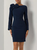 Purplish blue Bow Ruched Classic Boat Neck Long Sleeve Sheath Midi Dress