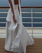 Cocoslly Strapless Split Holiday Summer Long Prom Dress With Scarf | White Satin And Chiffon ZT0604