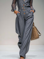 Elegant Utility Grey Tencel-Denim Sheer-Sleeve Button-Front Wide-Leg Jumpsuit