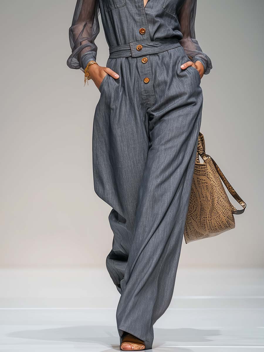 Elegant Utility Grey Tencel-Denim Sheer-Sleeve Button-Front Wide-Leg Jumpsuit