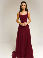 Tulle Square Neck Spaghetti Straps Strapless Sleeveless Long A-Line Prom Dress With Beadings YK0789