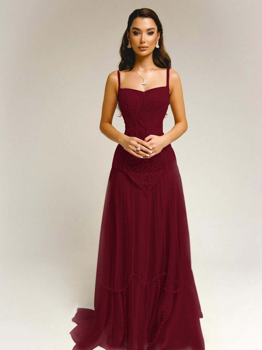 Tulle Square Neck Spaghetti Straps Strapless Sleeveless Long A-Line Prom Dress With Beadings YK0789