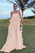 Charming Strapless Sleeveless Long Prom Dress With Pleated Ruffle WQ0065