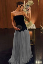 Cocoslly Strapless Sleeveless High Waist Long Prom Dress | Black And Dusty Blue Satin And Tulle YC0567