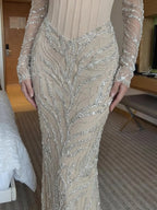 Cocoslly Square Neck Long Sleeves Pleated Long Mermaid Prom Dress With Lace Sequins Beaded Embroidery | Champage Satin CO0075