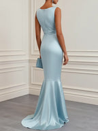 Light Blue Ruched Satin Cowl Neck Sleeveless Mermaid Maxi Dress