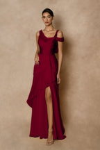 Cocoslly Wide Straps Sleeveless High Waist Long Prom Dress With Split And Ruffles | Glod Chiffon