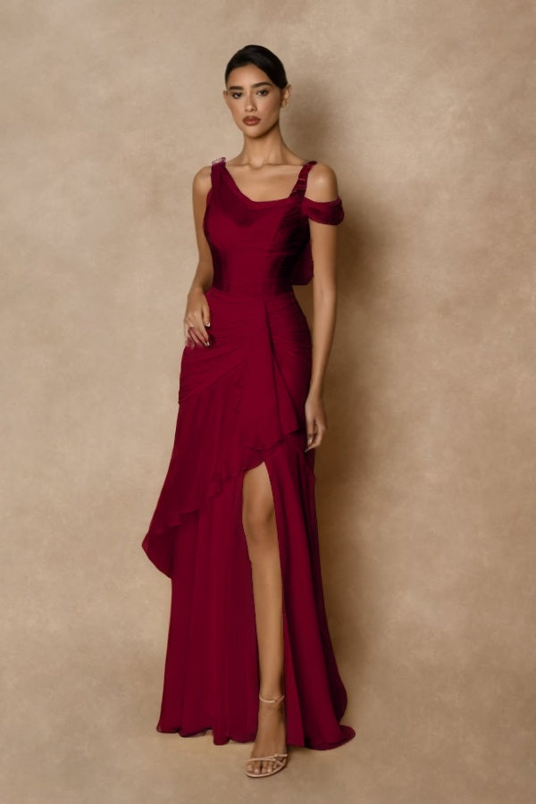 Cocoslly Wide Straps Sleeveless High Waist Long Prom Dress With Split And Ruffles | Glod Chiffon