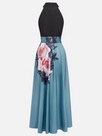Black Floral Slit Satin Halter Neck Sleeveless A-Line Floor-length Gown Dress