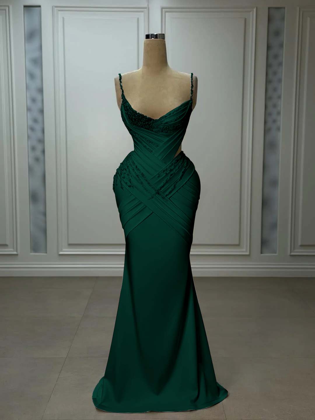 Satin V-Neck Spaghetti Straps Strapless Sleeveless Long Mermaid Prom Dress With Pleated And Beadings YK0743