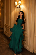 Cocoslly Strapless Sleeveless High Waist Long Prom Dress With Appliques And Ruffles | Nude Champage Chiffon LR0492