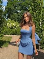 Cocoslly Halter Sleeveless High Waist Short Prom Dress | Baby Blue Satin And Chiffon LX0093