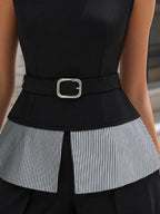 Contrast Stripe High-Neck Belted Structured Top
