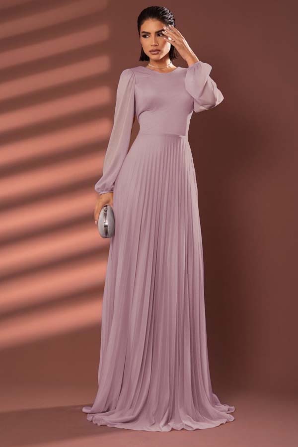 Chiffon Jewel Neck Long Sleeves Long Prom Dress With Pleated WQ0258