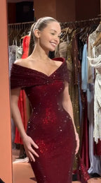 Cocoslly Off-The-Shoulderr Sleeveless High Waist Long Mermaid Prom Dress With Sequins | Burgundy Sequins CO0208
