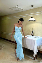 Cocoslly Spaghetti Straps Sleeveless High Waist Long Mermaid Prom Dress | Red Lace LR0435