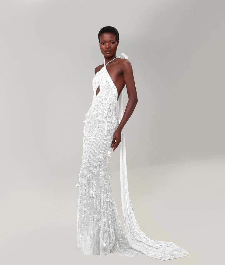Cocoslly Halter Sleeveless High Waist Long Mermaid Prom Dress With Sequins | Nude Champage Chiffon YK1282