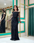 Cocoslly Off-The-Shoulder Long Sleeves Long Prom Dress With Ruffles | Black Chiffon CO0086