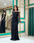 Cocoslly Off-The-Shoulder Long Sleeves Long Prom Dress With Ruffles | Black Chiffon CO0086