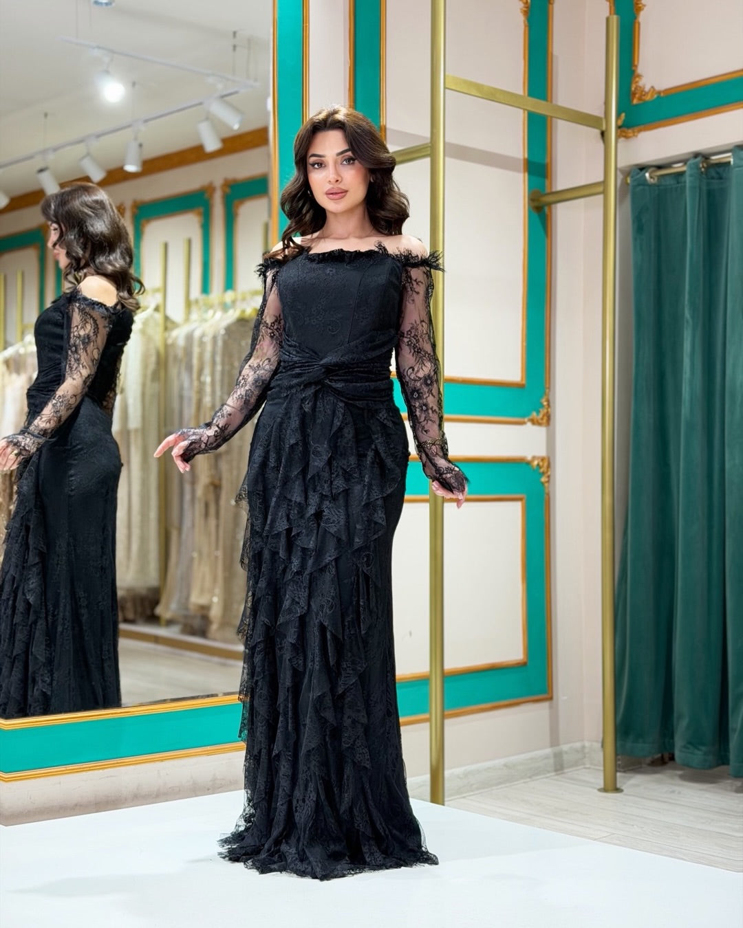 Cocoslly Off-The-Shoulder Long Sleeves Long Prom Dress With Ruffles | Black Chiffon CO0086